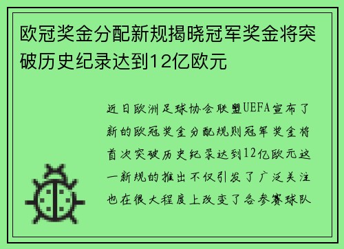 欧冠奖金分配新规揭晓冠军奖金将突破历史纪录达到12亿欧元